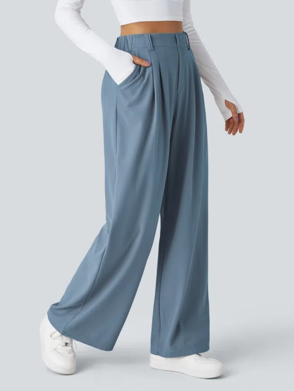 Halara Flex Wide Leg High Rise Pleated Dress Pants Sz Med Steel Blue